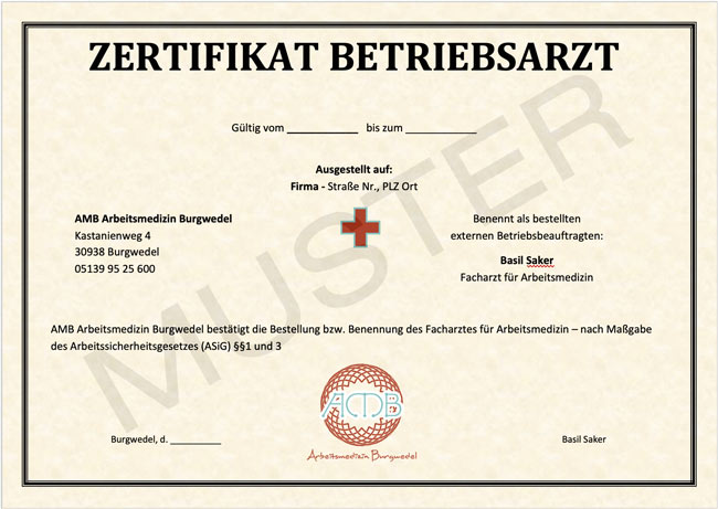Betriebsarzt Zertifikat für Kleine Unternehmen zur Bestellung eines anerkannten externen Facharztes für Arbeitsmedizin